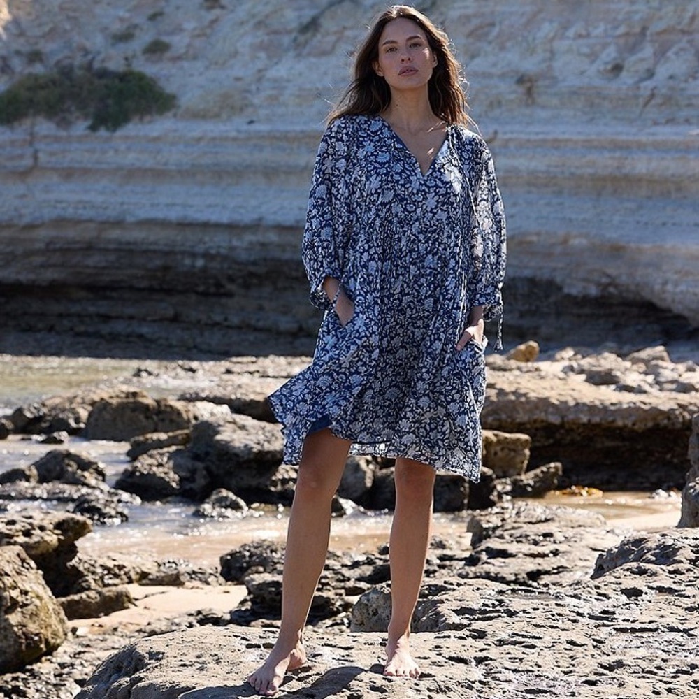 NEW TALISMAN Wisteria A-Line V-Neck 3/4 Sleeve Moon River Print Dress Size S/M